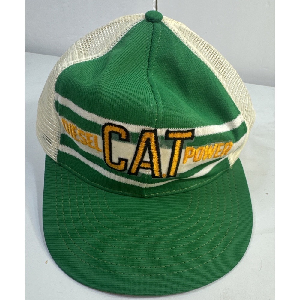 Vintage 1940s Era Cat Diesel Power Green Snap Back Mesh Trucker Hat Cap USA MADE